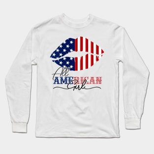 All American Girl 4th Of July Shirt Women lips USA Flag Long Sleeve T-Shirt